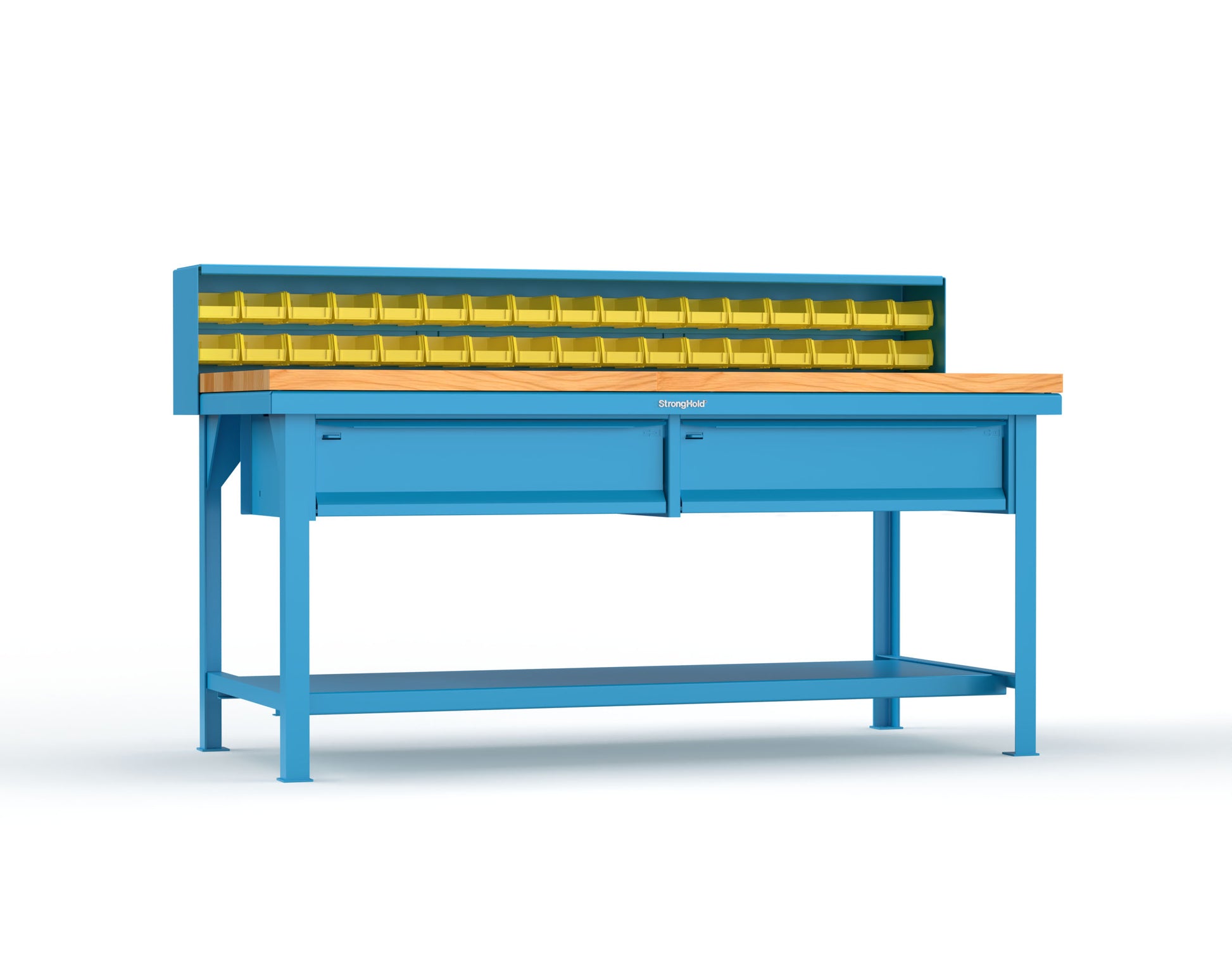 Extreme Duty 7 GA Shop Table with 1 3/4 in. Maple Top, 34 Bins, 2 Drawers, 1 Shelf, Riser Shelf - 72 In. W x 36 In. D x 34 In. H - T7236-34B-2DB-MT-5012
