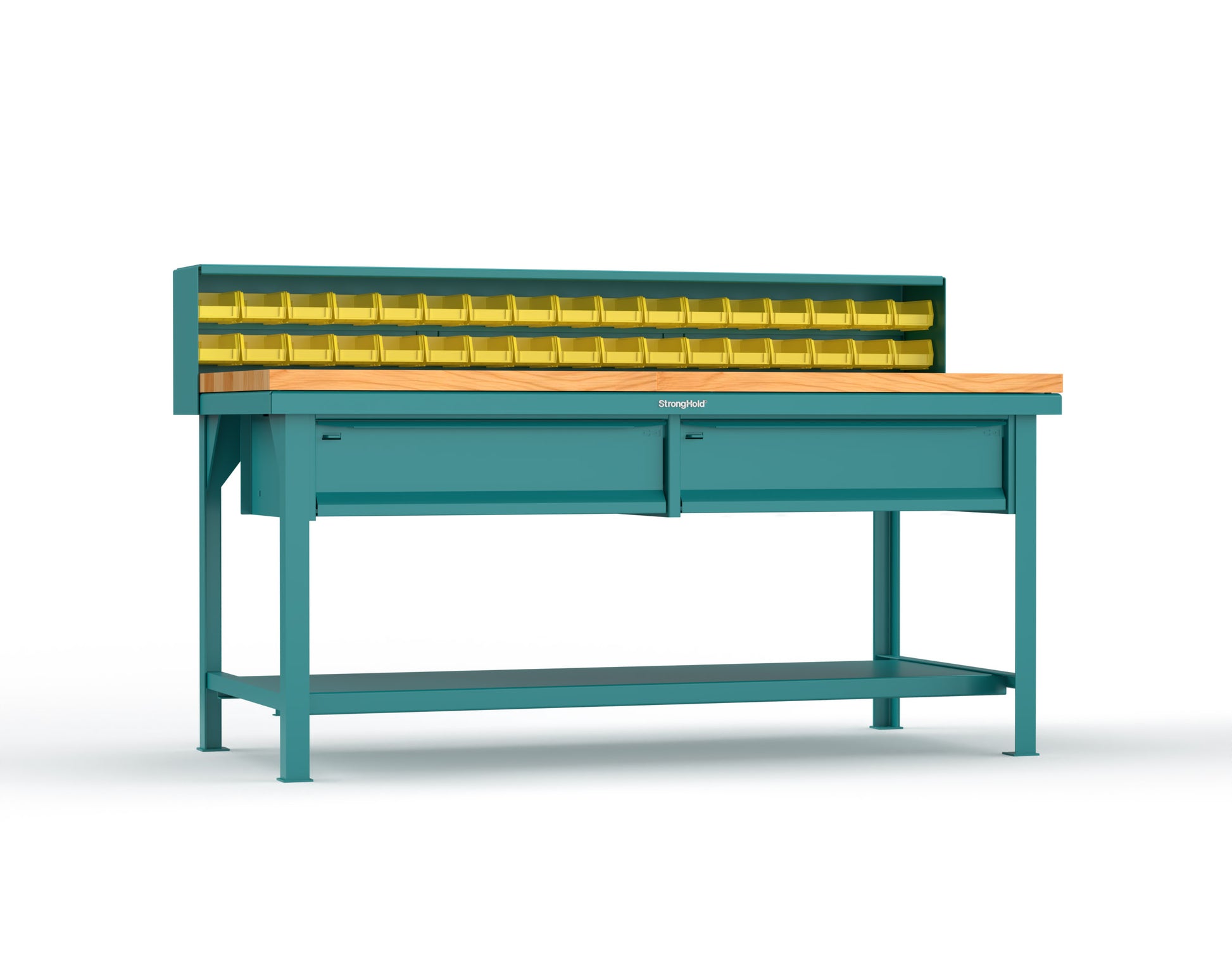 Extreme Duty 7 GA Shop Table with 1 3/4 in. Maple Top, 34 Bins, 2 Drawers, 1 Shelf, Riser Shelf - 72 In. W x 36 In. D x 34 In. H - T7236-34B-2DB-MT-5021