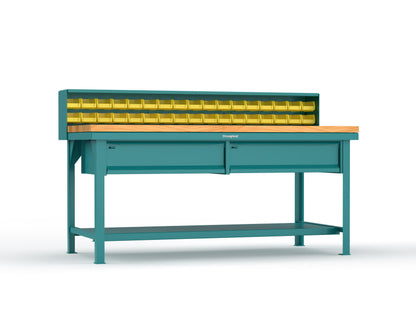 Extreme Duty 7 GA Shop Table with 1 3/4 in. Maple Top, 34 Bins, 2 Drawers, 1 Shelf, Riser Shelf - 72 In. W x 36 In. D x 34 In. H - T7236-34B-2DB-MT-5021