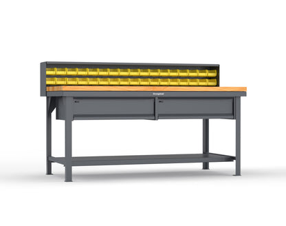 Extreme Duty 7 GA Shop Table with 1 3/4 in. Maple Top, 34 Bins, 2 Drawers, 1 Shelf, Riser Shelf - 72 In. W x 36 In. D x 34 In. H - T7236-34B-2DB-MT-7024
