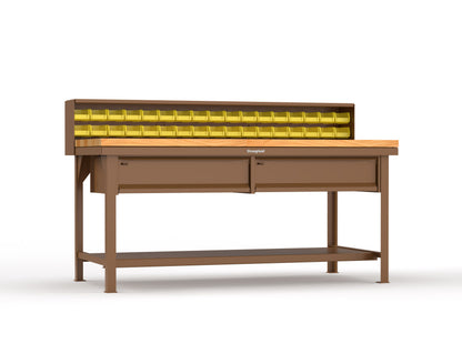 Extreme Duty 7 GA Shop Table with 1 3/4 in. Maple Top, 34 Bins, 2 Drawers, 1 Shelf, Riser Shelf - 72 In. W x 36 In. D x 34 In. H - T7236-34B-2DB-MT-8025