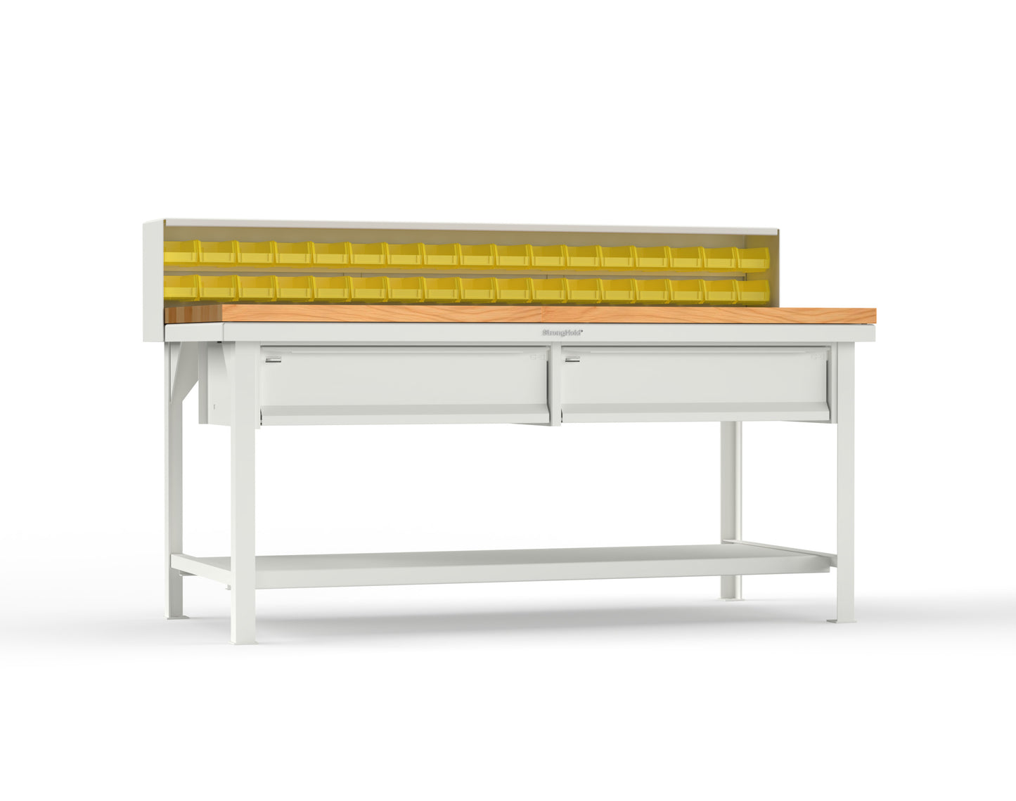 Extreme Duty 7 GA Shop Table with 1 3/4 in. Maple Top, 34 Bins, 2 Drawers, 1 Shelf, Riser Shelf - 72 In. W x 36 In. D x 34 In. H - T7236-34B-2DB-MT-9003